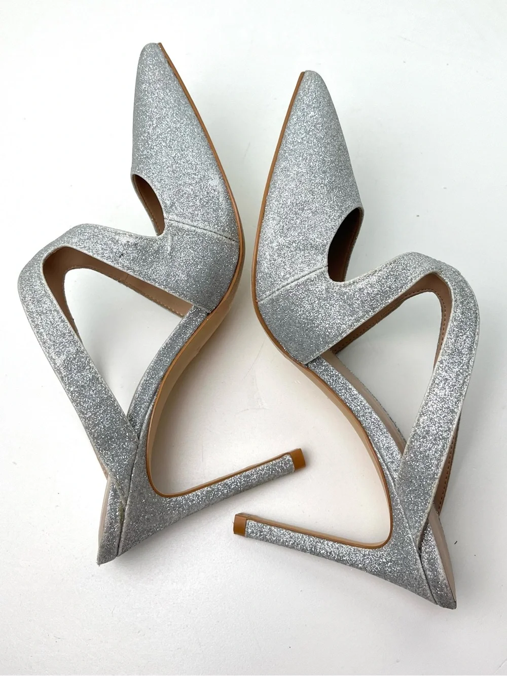 Stuart Weitzman Silver Glitter Crossover Pointed Toe Holiday High Heel Mule